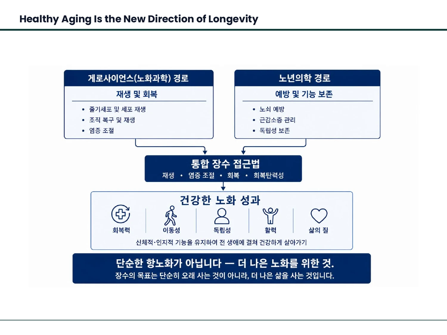 건강노화에서 기능적 결과와 노화생물학적 접근을 연결한 결론 슬라이드